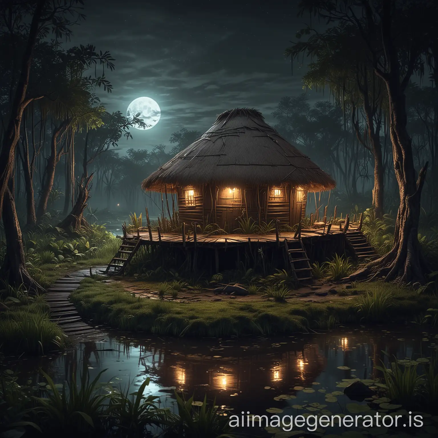 Create an tribal round hut above a swamp in night time dynamic illustration