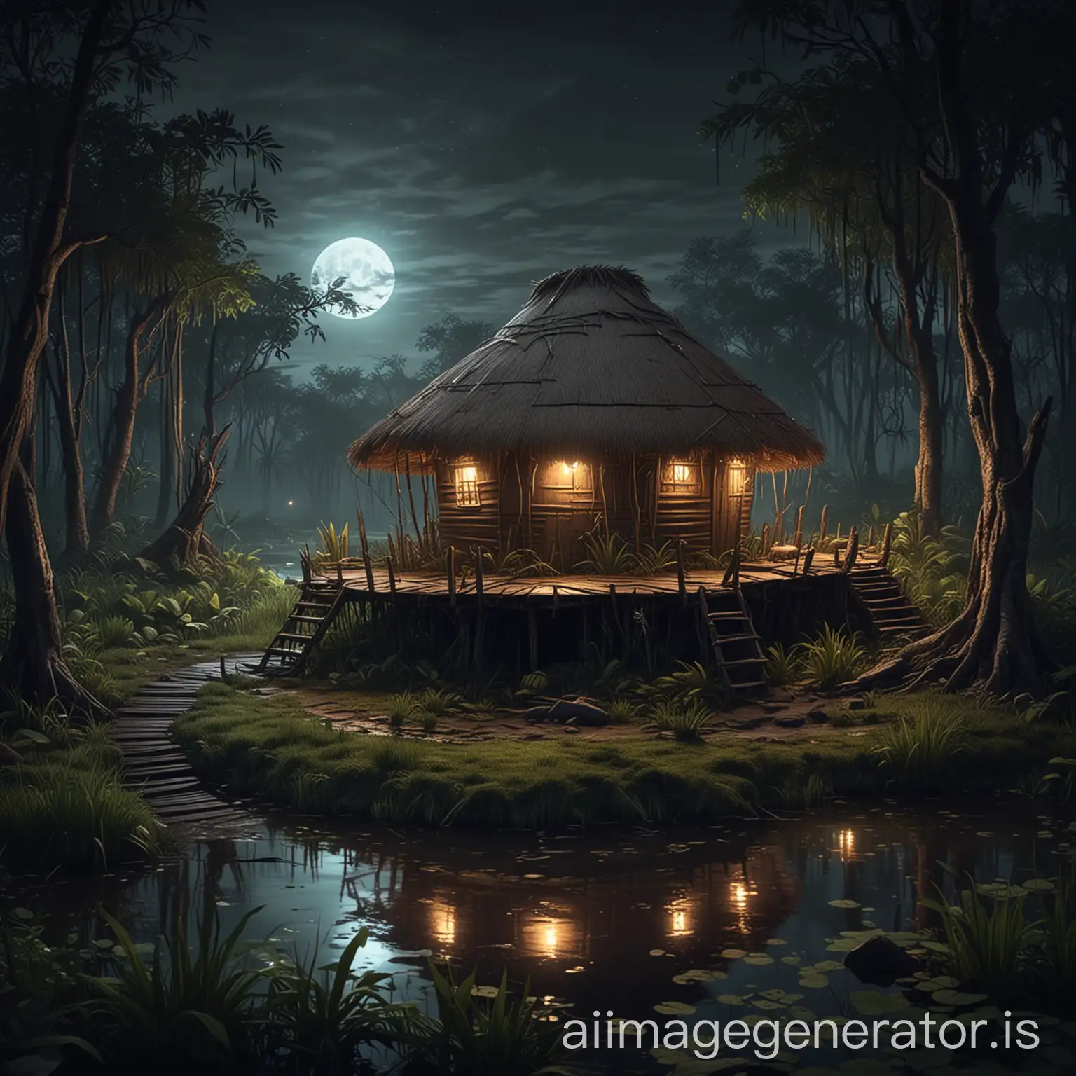 Tribal Round Hut Above Swamp Dynamic Nighttime Illustration | AI Image ...