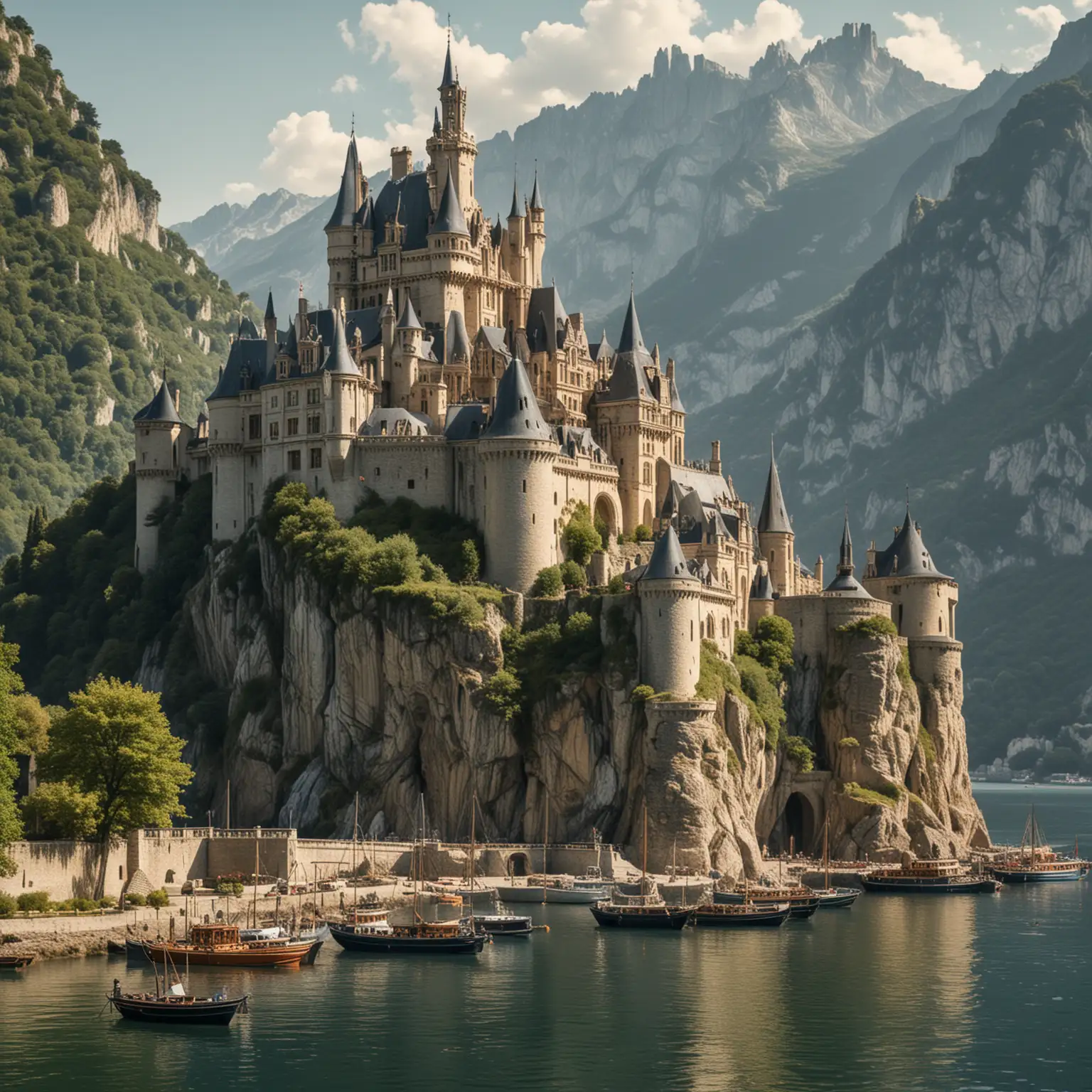 french castle on mountains, large towers, surrounded by water and ships