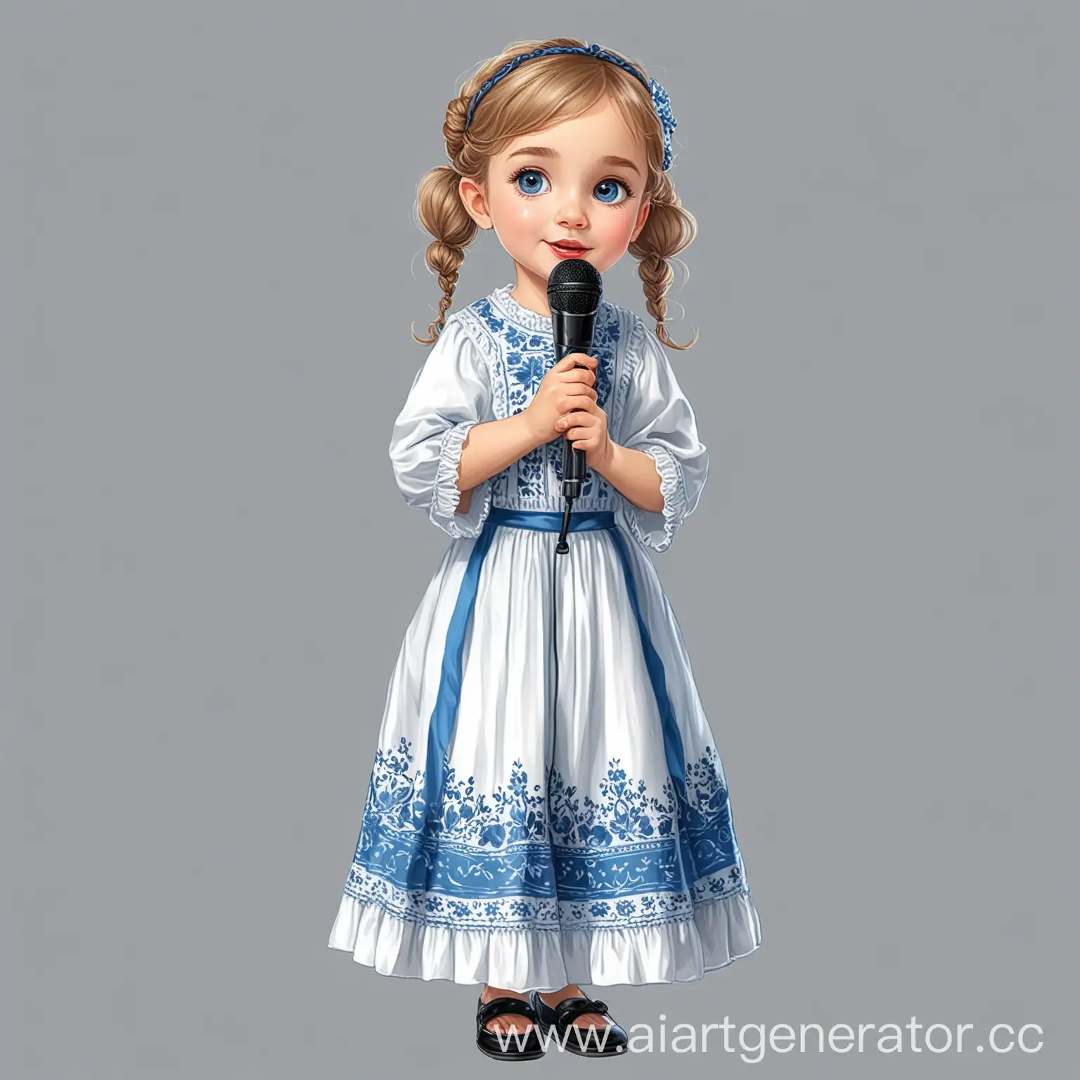 клип арт мультяшная девочка ребёнок певица с микрофоном в белорусской одежде белое платье с синим узором