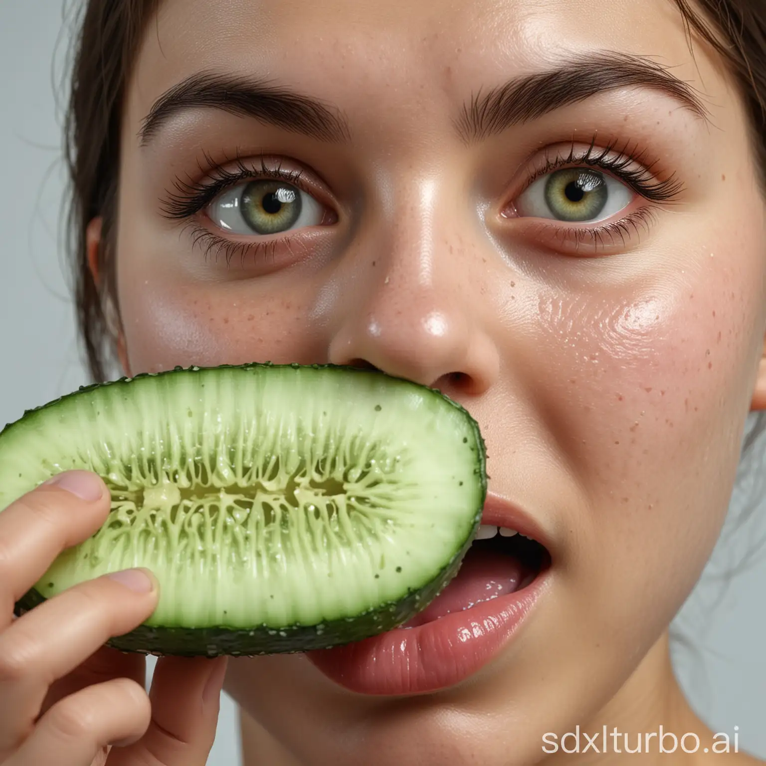 A young lady hold a cucumber and looking it , eyes up , open mouth , white stinky oily substance on  the cucumber , extremely realistic 4K photo