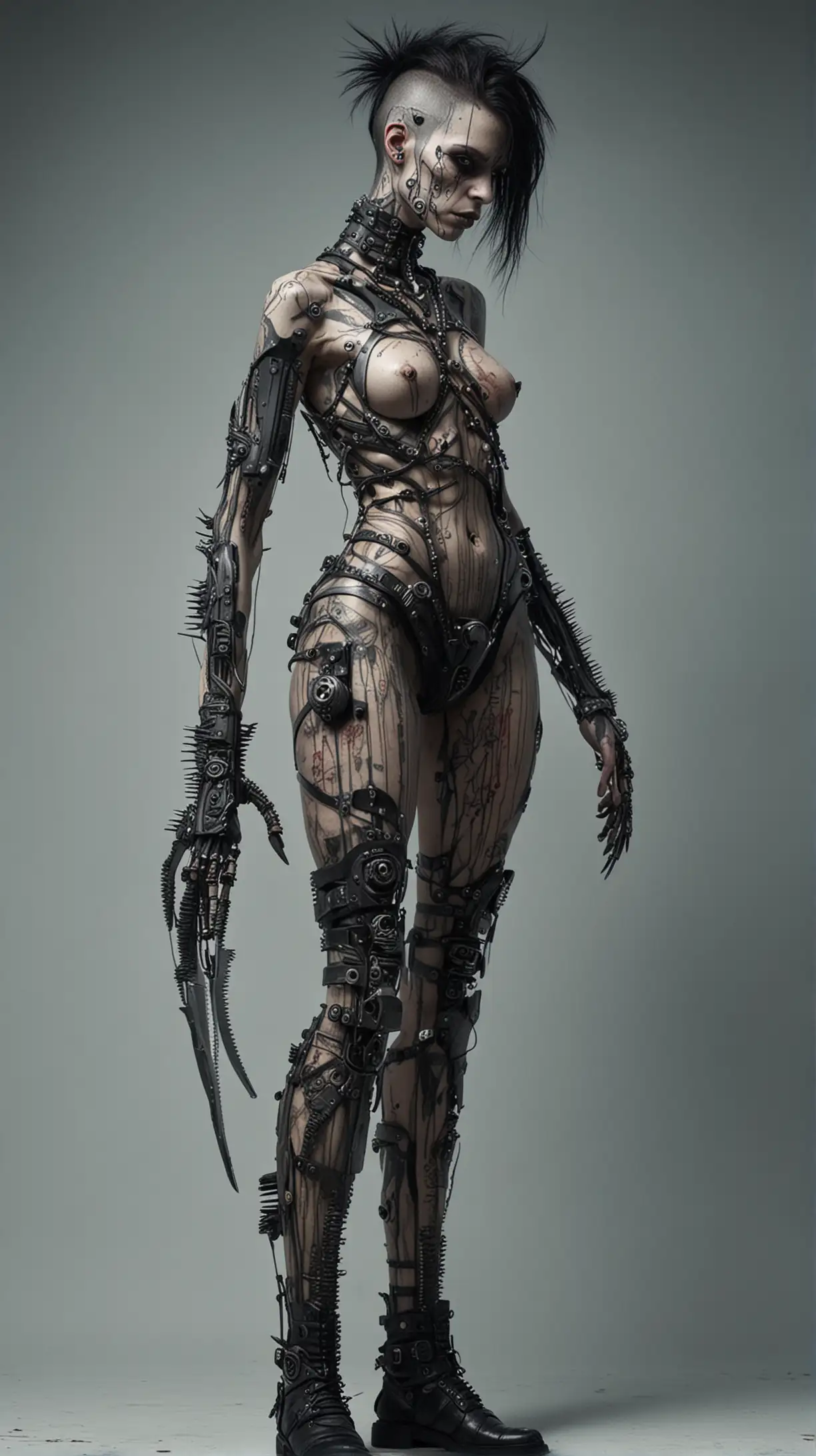Androgynous cyberpunk man, grotesque body modifications, scary in appearance, a monstrosity, body horror, blades for legs, buzz saw arm
