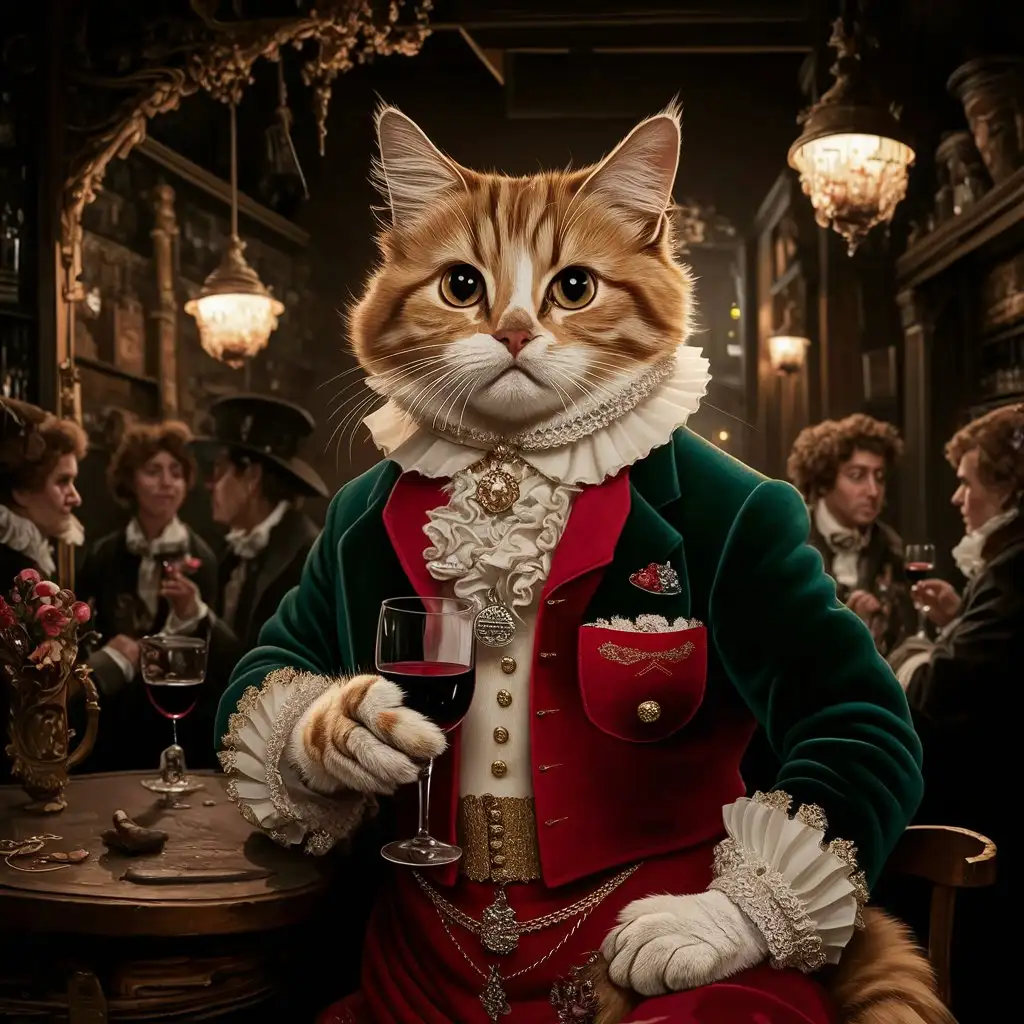 Exquisite, detailed painting of cat nobility, dressed in a rich vintage dress. The cat, exuding royal elegance, puts on a red pocket embellished with gold buttons, a white ragged collar, a red scarf and a variety of ornate pendant. His fur is a captivating mix of orange and white, with wide, attentive eyes. The background reveals a dimly lit tavern or bar setting, filled with patrons involved in the conversation. The atmosphere is rich in detail, from the candle environment to the decorated decorations adorning the walls. The cat has a glass of wine in its hand