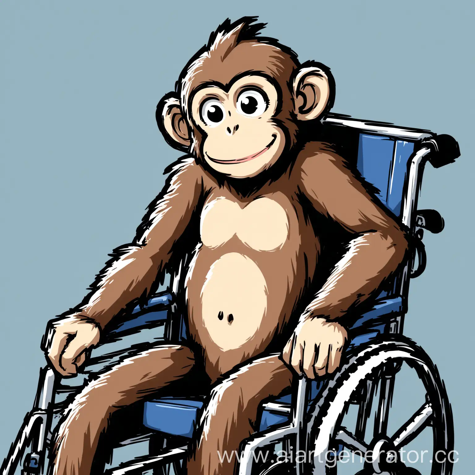 нарисуй обезьянку в инвалидном кресле с глупой улыбкой в комиксном стиле