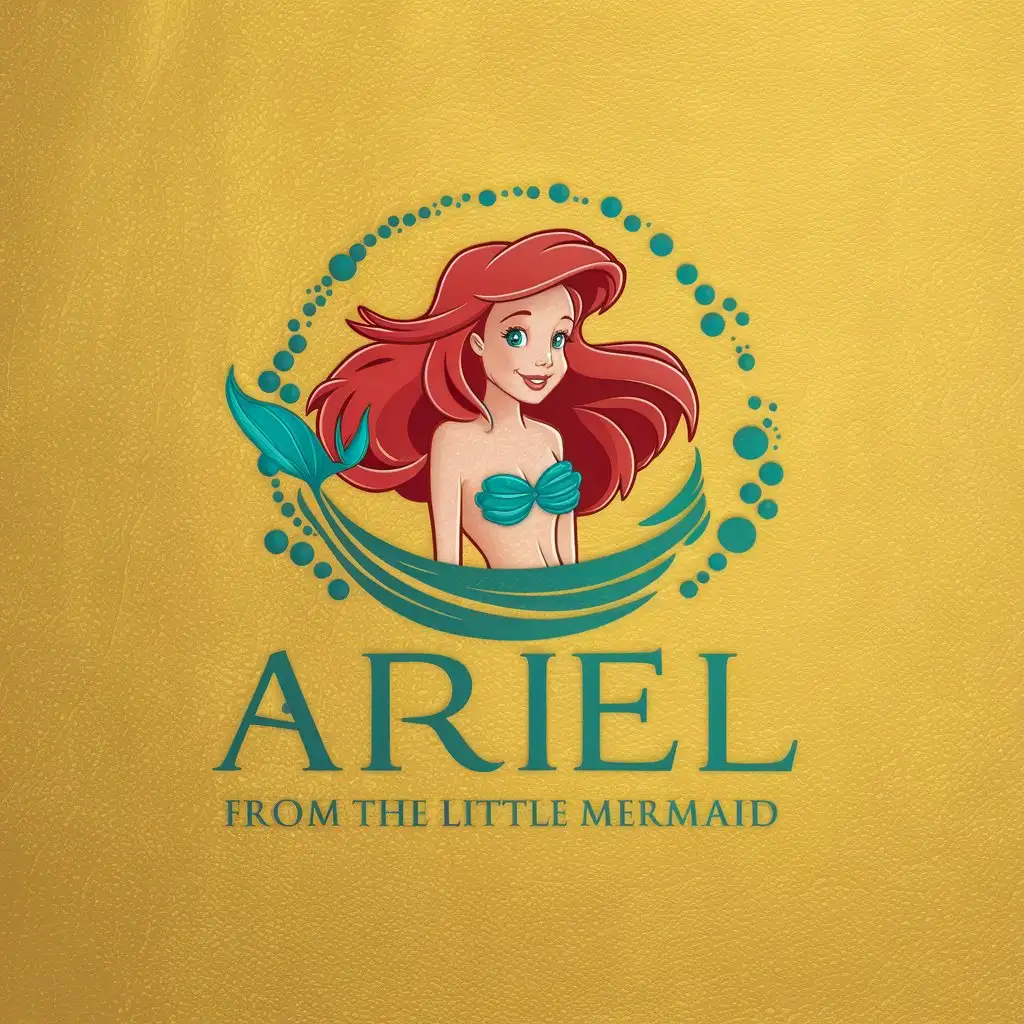 create me a business logo for Ariel from the little mermaid. This logo will go on a yellow background, so I would like colors to compliment it. I want a strong nod to the sea.