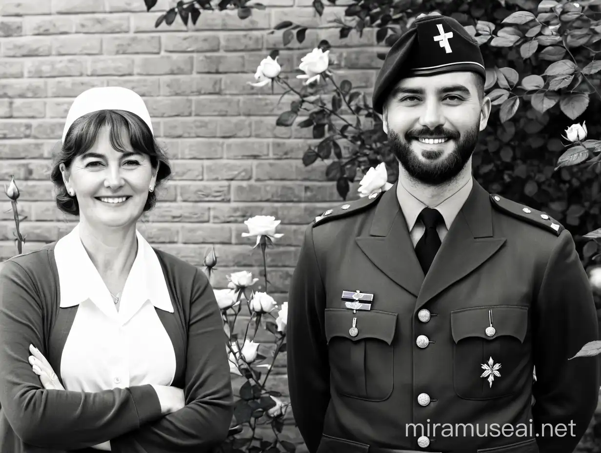 Here is a nurse and her brother the military man, posing in the garden of their parents, make them look happy and confident, in an elegant oilpainting style, behind them are red roses and a border of colourful plants