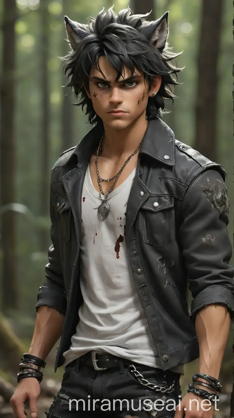 Captivating Werewolf Young Man in Dark Y2K Rockstar Fashion