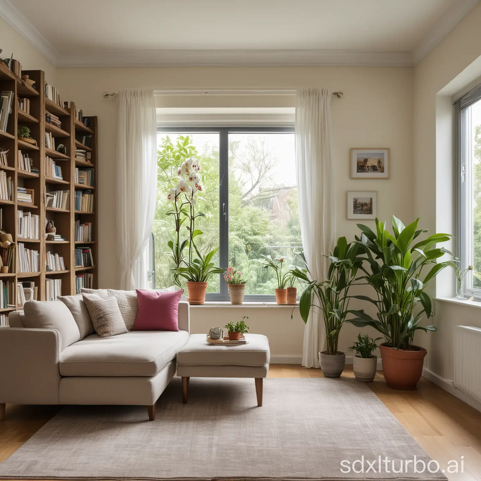 In the living room there are a sofa, a carpet, a bookcase, and by the window, a rectangular flower pot with an orchid plant.