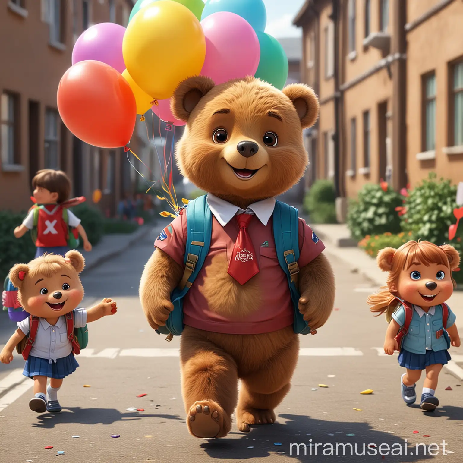 Make a cartoon picture in a cute war of a cute little brown bear wearing a happy and smiling school uniform going to school with some colorful balloons in his hand and a small backpack with the rest of his friends who are also wearing school uniforms.