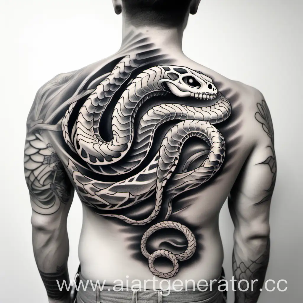 the skeleton of a snake on a man's collarbone, black and white tattoo. white background 