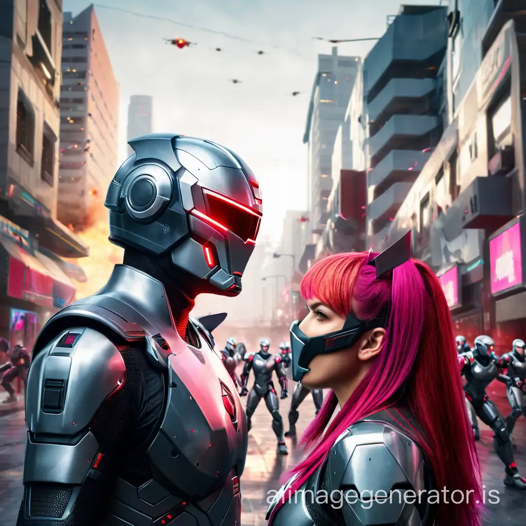 cyberwoman with pink hair is fighting a against group of attackers  made of warrior gray cyber robots with red visors, brawl and shooting, protagonist and antagonist are turned face to face
