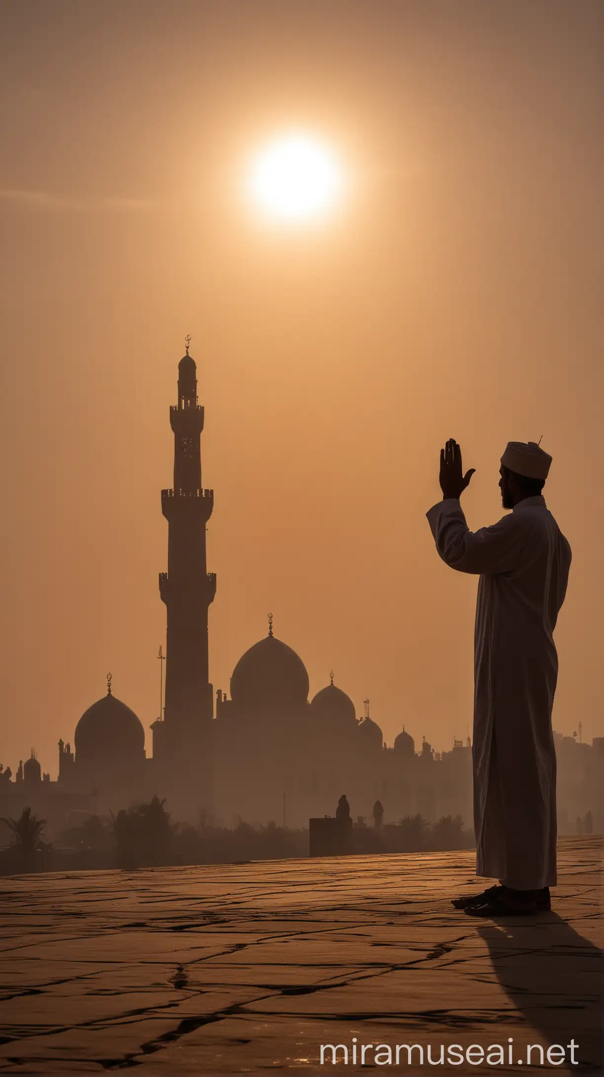 The Call to Prayer: Show a mosque with a minaret against the backdrop of a sunset, with the silhouette of a figure raising their hands in prayer, representing the adhan (call to prayer) without showing the face of the Prophet.
