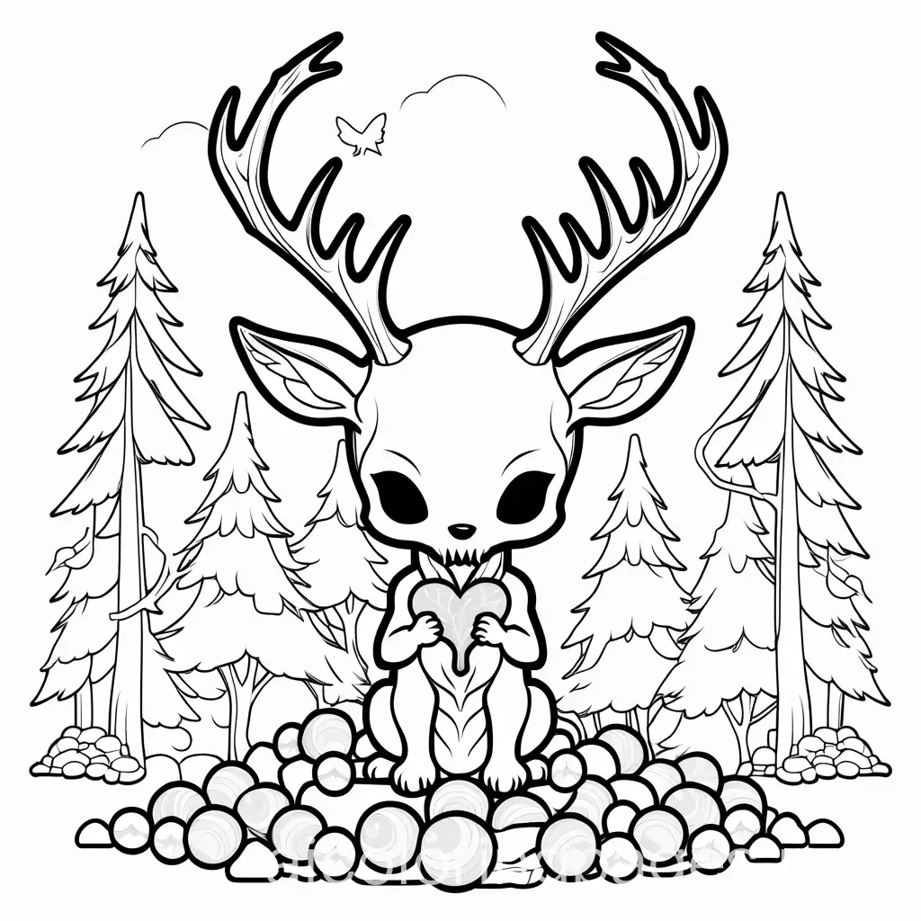 cute chibi wendigo with a deer skull face sitting down and enjoying themselves in a land made of candy, Coloring Page, black and white, line art, white background, Simplicity, Ample White Space. The background of the coloring page is plain white to make it easy for young children to color within the lines. The outlines of all the subjects are easy to distinguish, making it simple for kids to color without too much difficulty