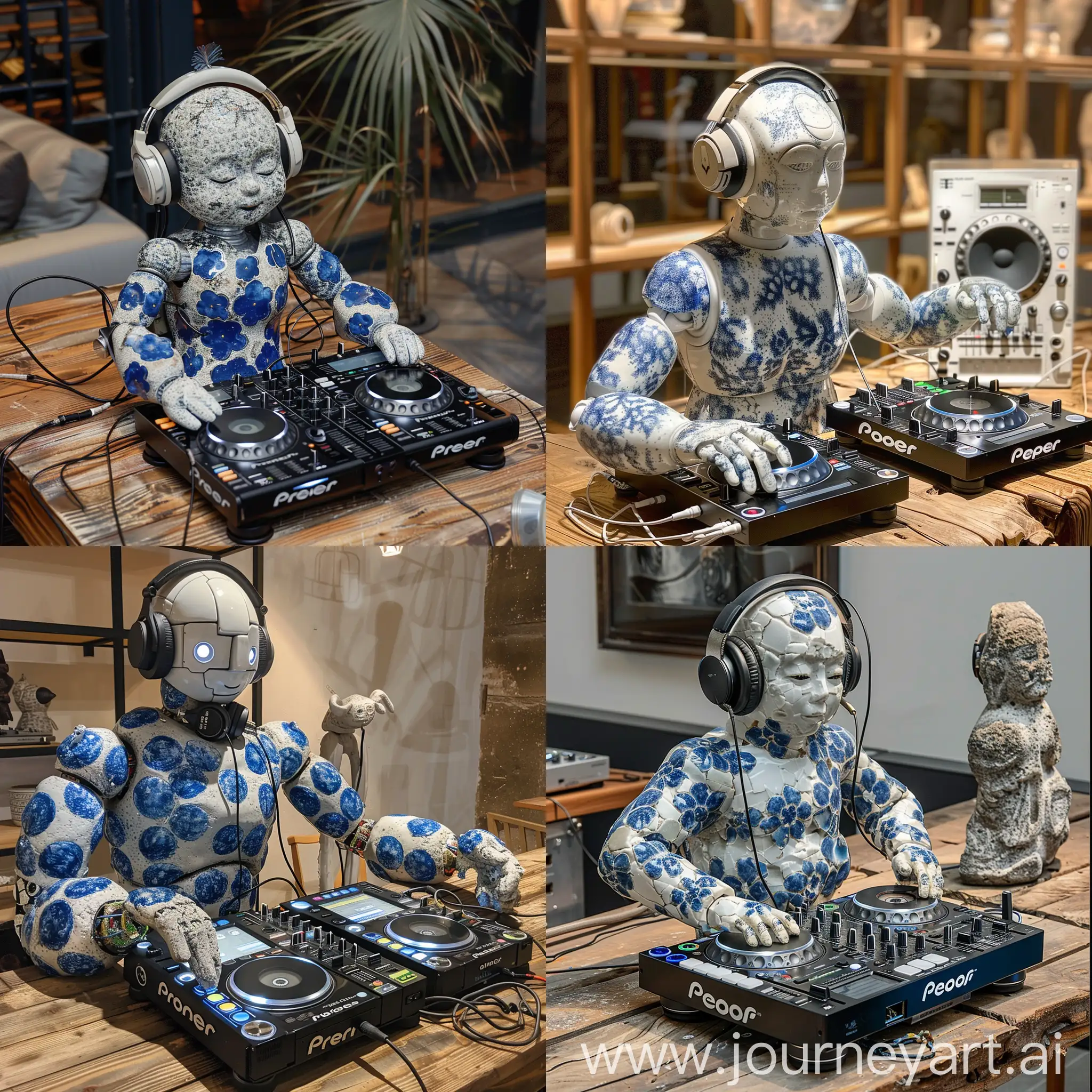 The private room of a DJ humanoid robot with a stone state made of ceramic and porcelain should be placed in a blue flower body design and with headphones on the head of the robot working with a dj pioneer device on a wooden table with a very realistic state.