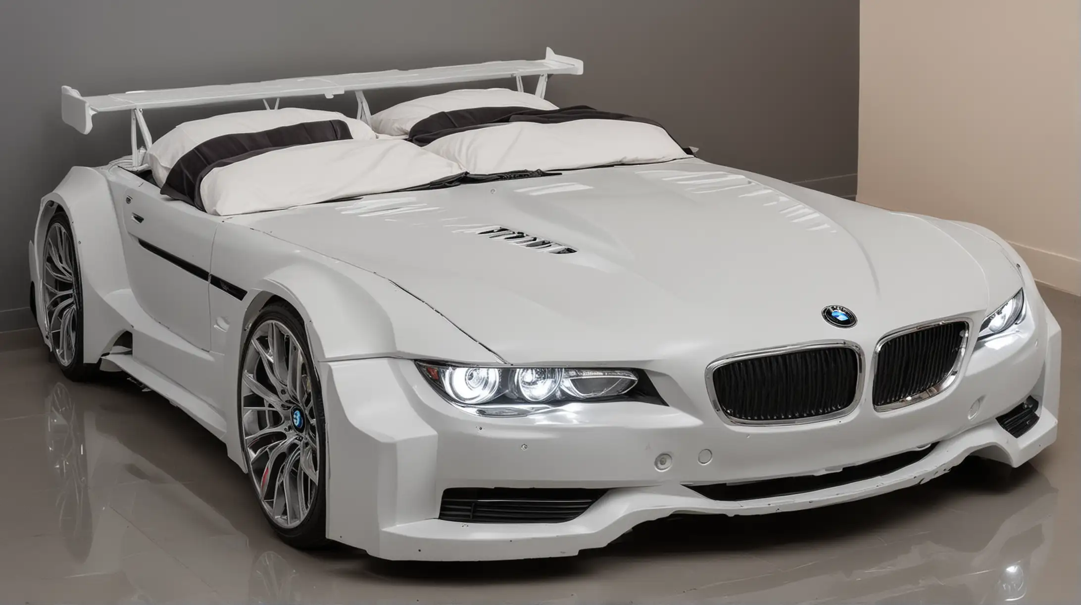 Luxurious Double Bed Shaped Like BMW Car with Illuminated Headlights