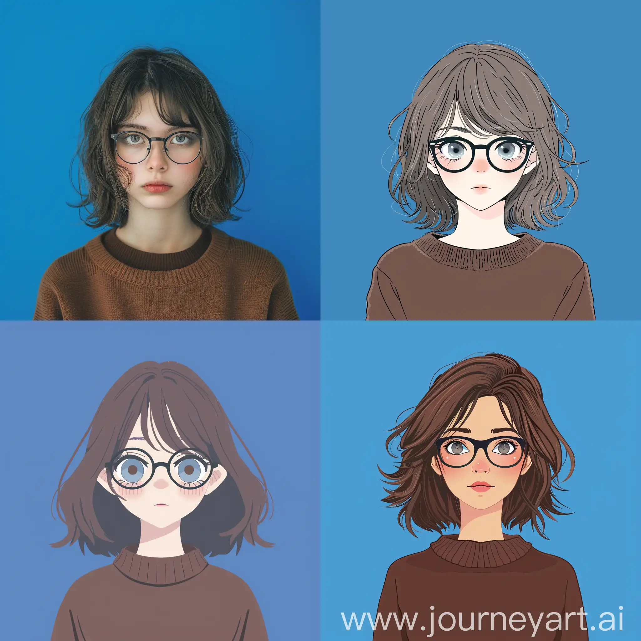 The image of a human up to her shoulders. Background=solid blue color. Gender=girl. Hair=brown, scruffy, shoulder-length. Eyes=relaxed, grey-blue  Face features=cute, neat eyebrows, even nose, slightly plump lips. Body type=a little lush. Clothes=brown sweater, black glasses.