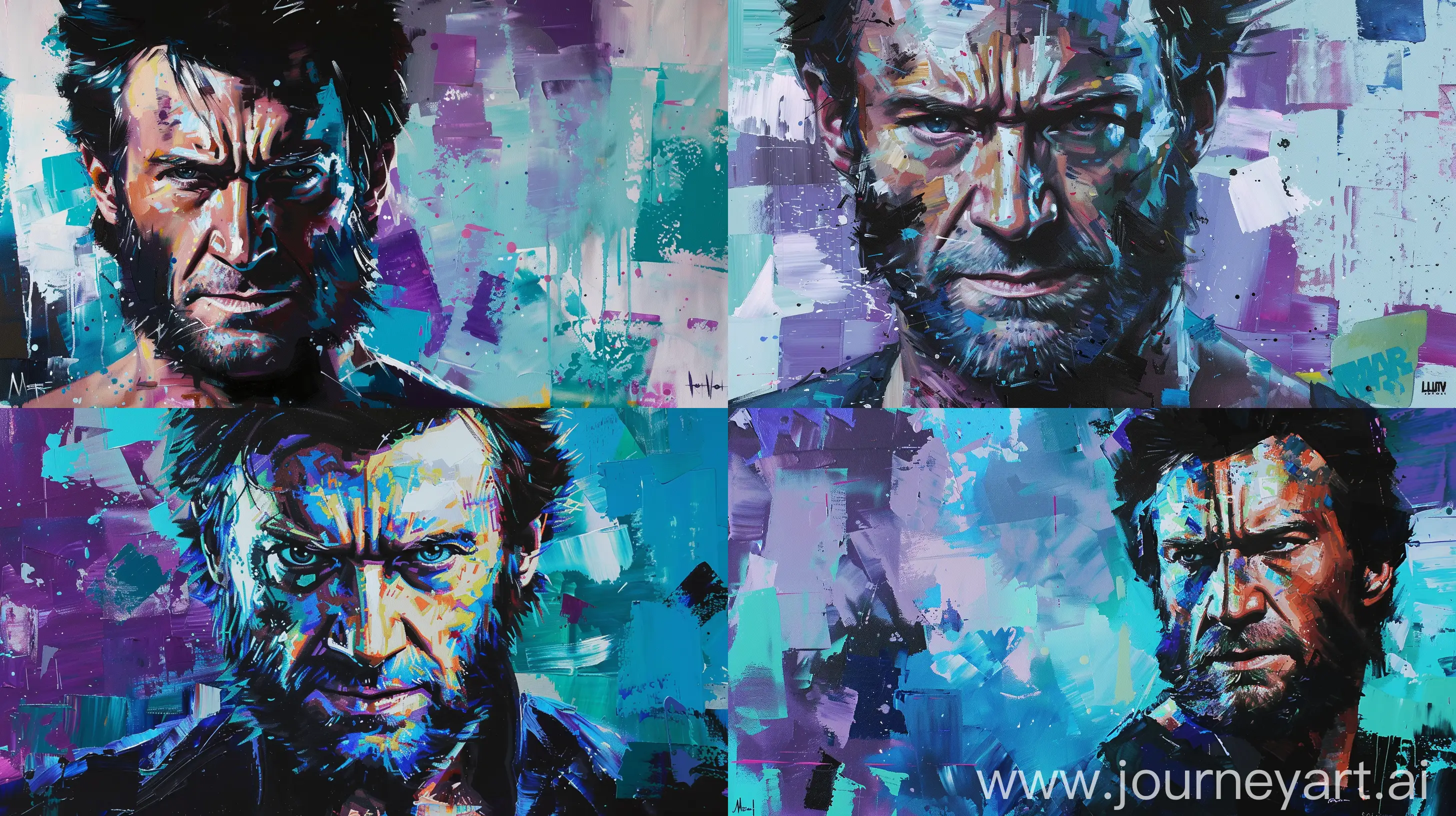 oil painting portrait of huge jackman as wolverine in star wars style with a color palette of bright blues, cyan, blacks, white, and a soft greenish-blue and the background is bright pastel purple with different cool textures. There are also touches of bright skin tone --ar 16:9 
