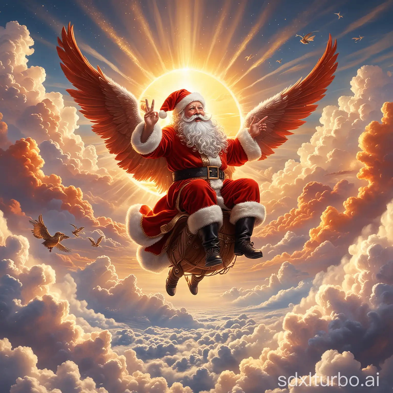 Eine Szene, in der der Weihnachtsmann auf einem glitzernden Sonnenphönix reitet, der ihn hoch über die Wolken trägt, während die Sonne über ihnen aufgeht und die Welt mit ihrem warmen Licht erfüllt.