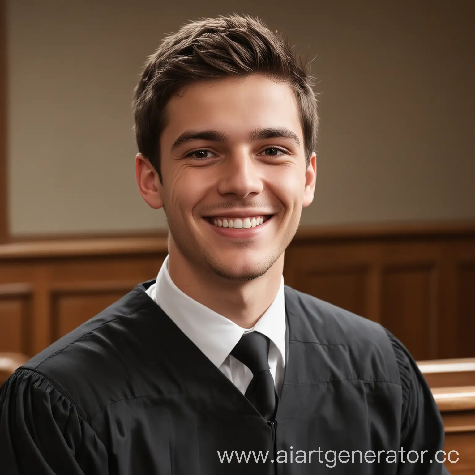 Молодой человек в зале суда, улыбается, детализировано