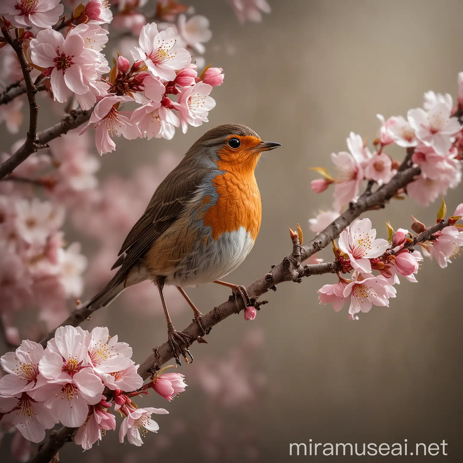 capturing the delicate beauty of a robin bird perched on a cherry blossom branch, the blush of the blossoms stealing the spotlight