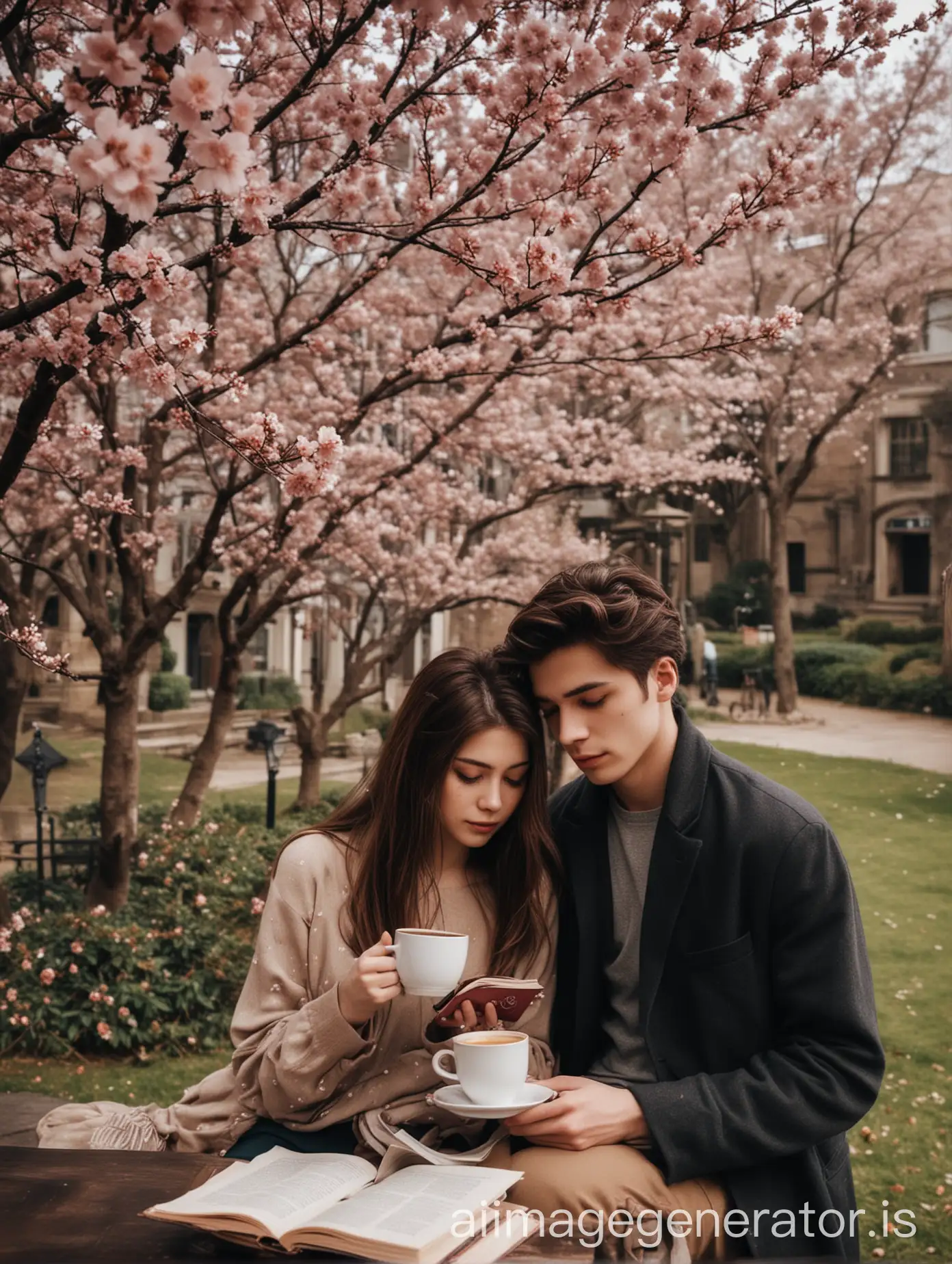 Vintage-College-Setting-with-a-Pretty-Girl-and-a-Hot-Boy-Reading-Coffee-Near-a-Cherry-Blossom-Tree