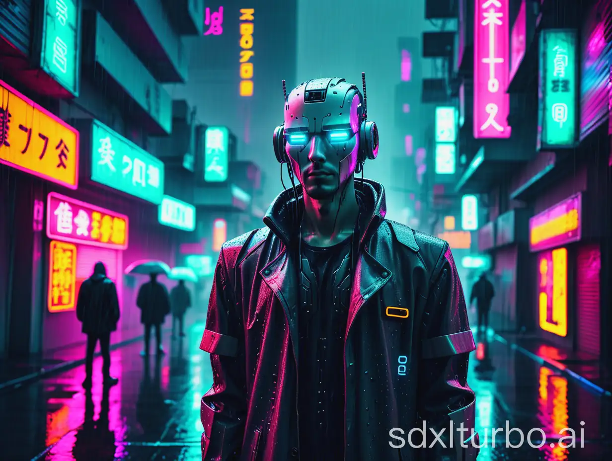 Cyberpunk man with robot as head, standing in neon city, rain, cyberpunk, street photography, loneliness