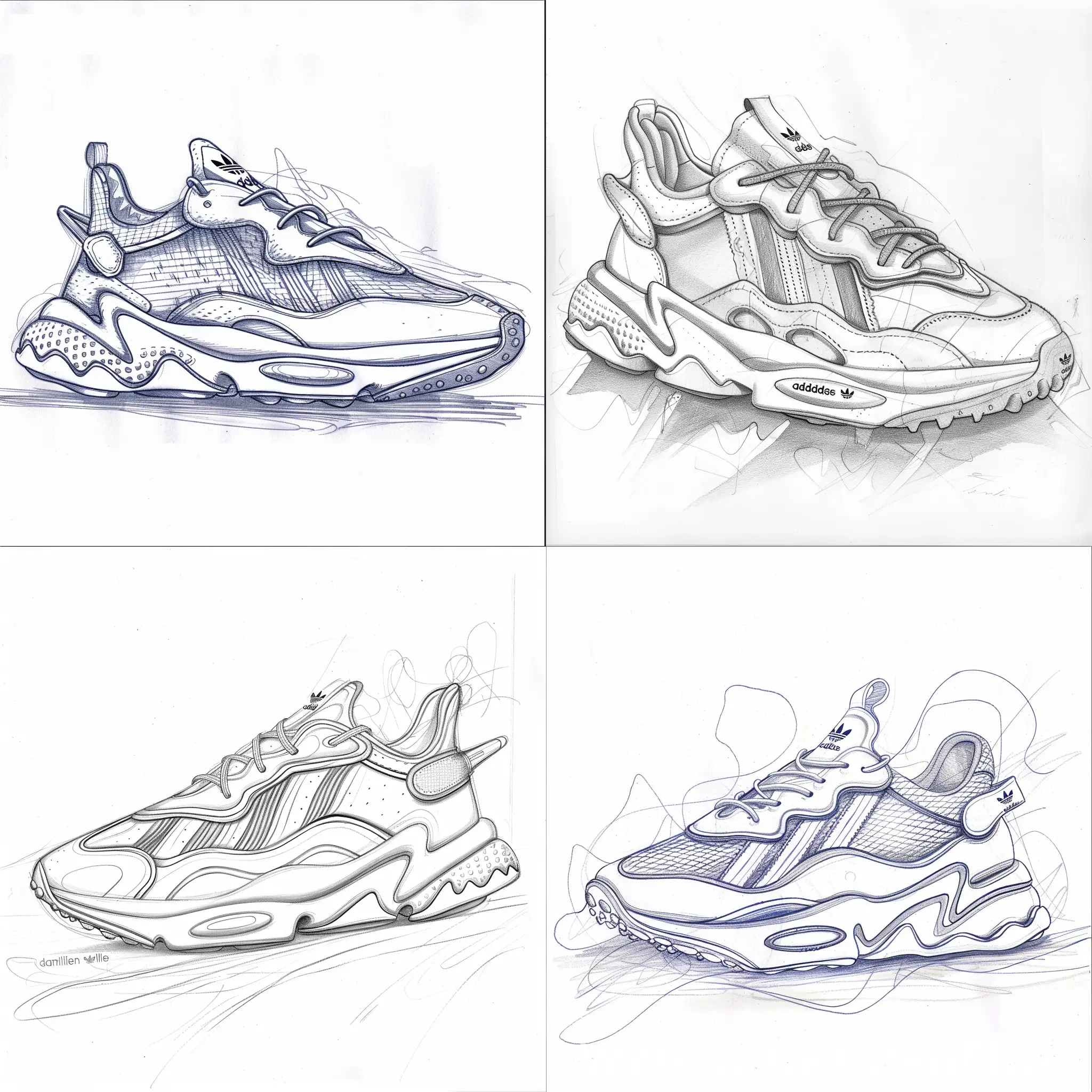 a sketch of a sneaker design like an Adidas Ozmillen model, with key features including a modern and stylish design with curves and lines, breathability with mesh panels on the sides and top, support with a chunky sole with good cushioning, and brand identity with signature Adidas three stripes and logo on the sole