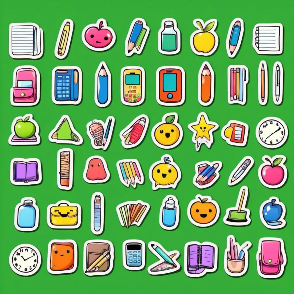 everyday school supply icons, cartoon style, with faces, digital stickers, cute, hand drawn, simple 2d design
