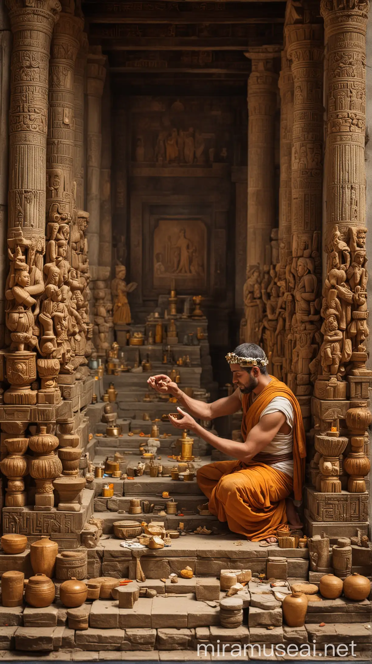 Devout Man Arranging Gifts and Offerings in Ancient Temple