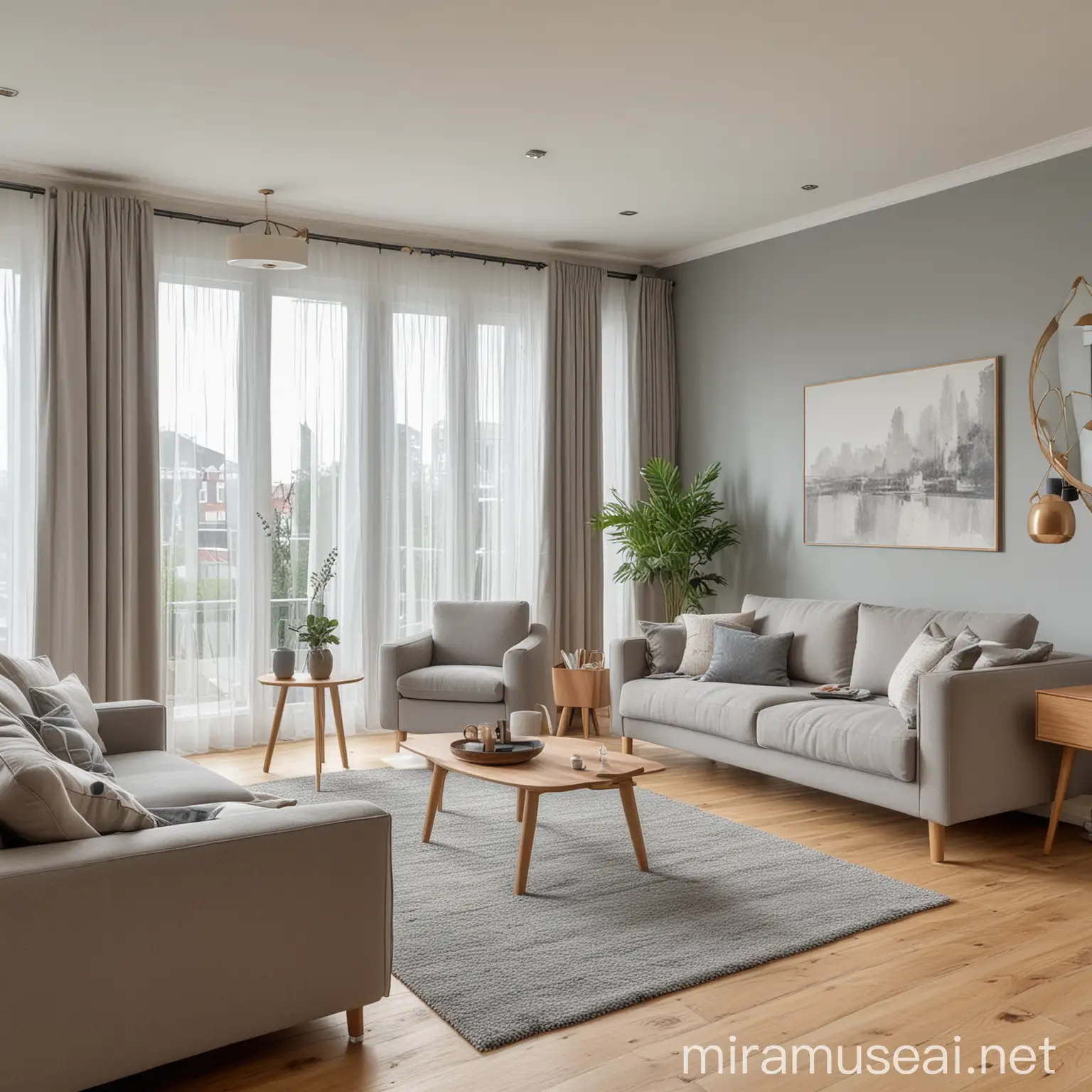 Bright, airy and modern living room with sideboard and TV, big sofa and rug, also an armchair, a center table and curtains  wooden and grey teamed