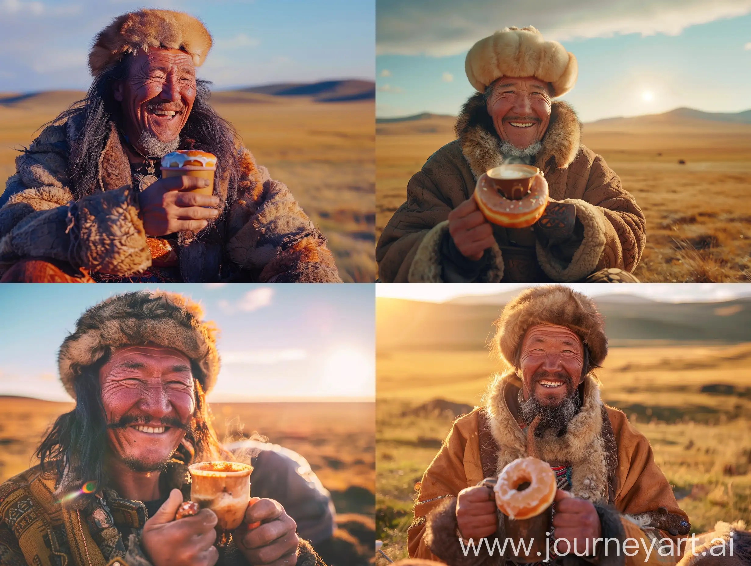 A happy mongolian shaman, very handsome, drinks hot coffee with a donut in the Mongolian steppe, sunlit, 8K