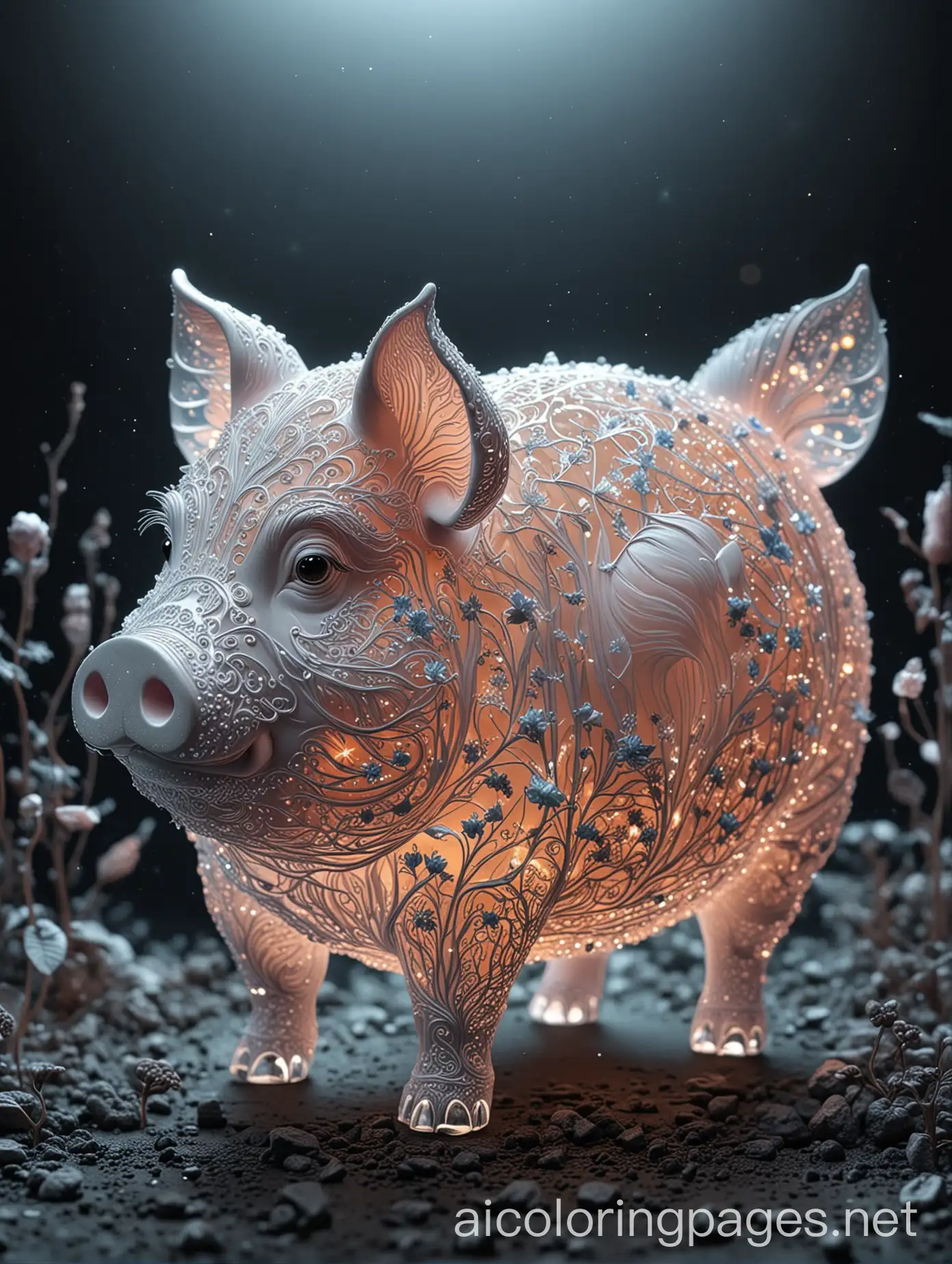 transparent glass pig filled with bioluminescent plants, : luminous, opalescent, Insanely detailed beautiful pig  : meticulously detailed filigree  extreme contrast and saturation : starry galactic night sky background : magical fantasy artwork : ultra high quality : dramatic lighting : extreme contrast : rule of thirds : HDR : photorealistic : florescent light, Coloring Page, black and white, line art, white background, Simplicity, Ample White Space. The background of the coloring page is plain white to make it easy for young children to color within the lines. The outlines of all the subjects are easy to distinguish, making it simple for kids to color without too much difficulty