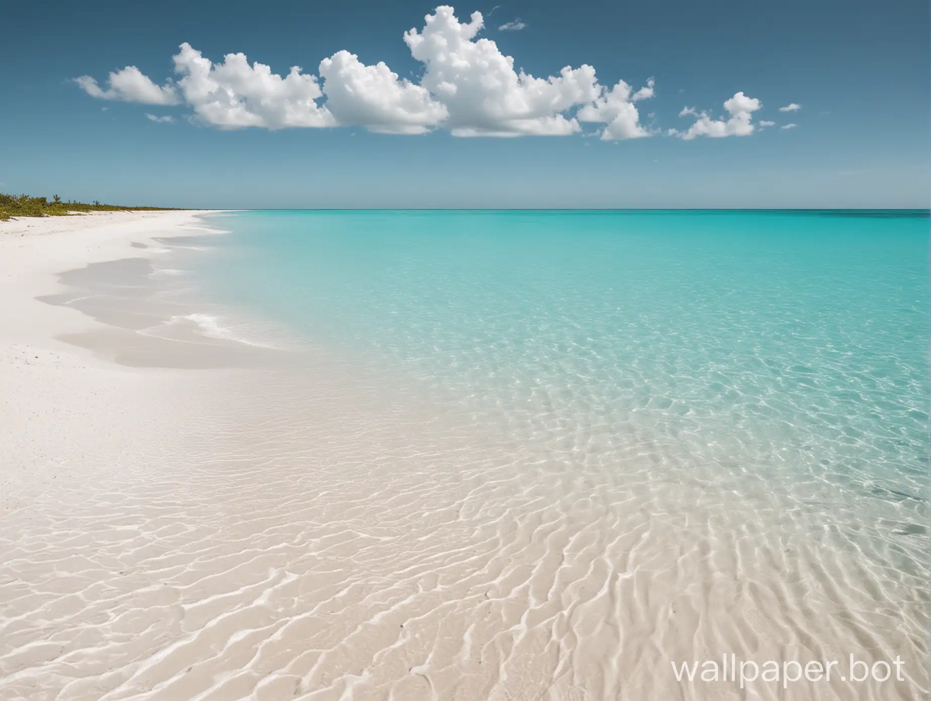 a stunning white wide sandy beach with turquoise calm water and a cloudless blue sunny sky like on Turks and Caicos