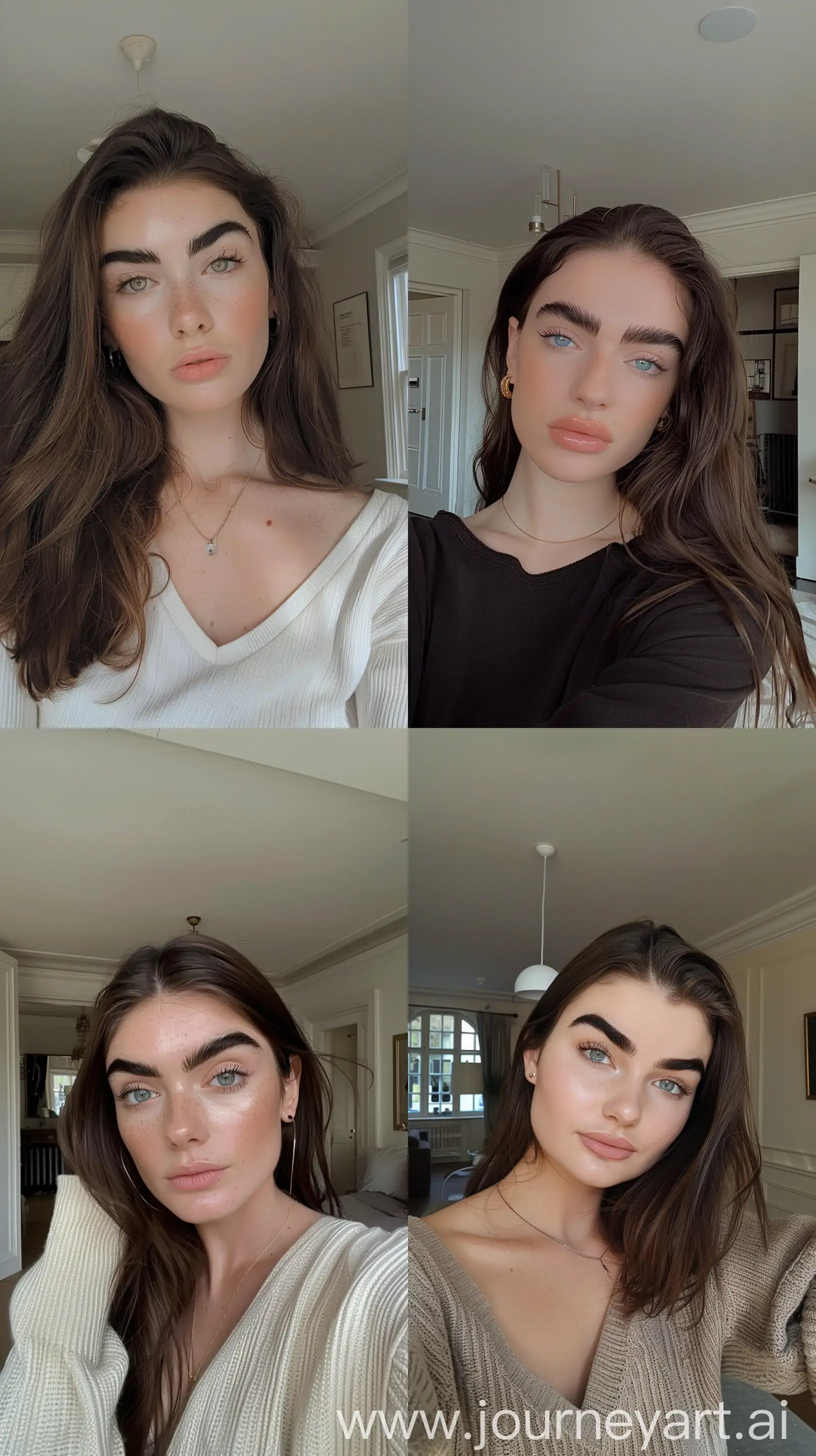 Aesthetic Instagram selfie of a 16 year old influencer, super model looks, big eyebrows, in fancy London flat, wide set, looking into camera, throw face away in room --ar 9:16