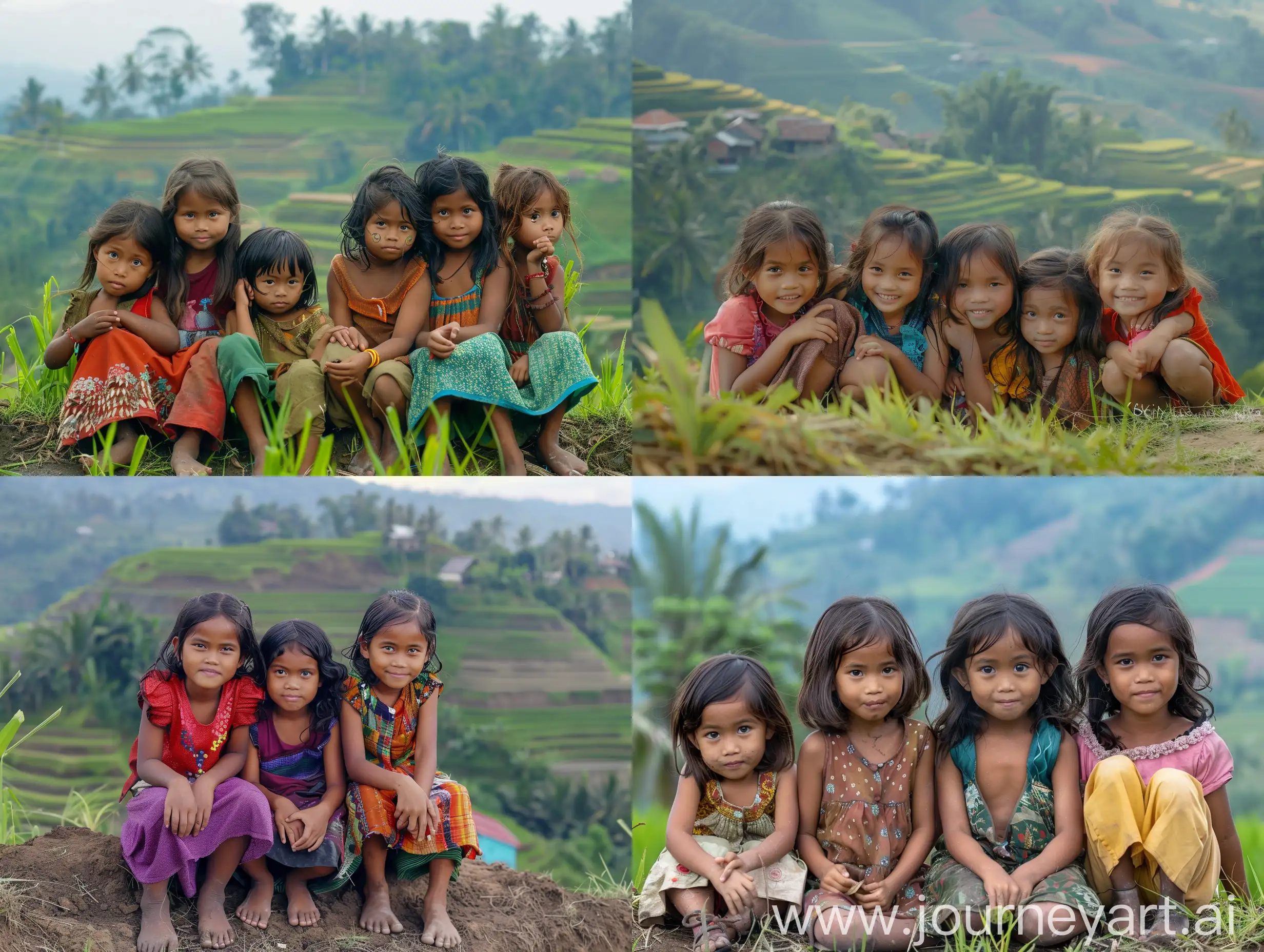 5 lima gadis desa cantik indonesia cilik berusia 7 tahun. Rambut panjang berantakan. Mereka berlima sedang duduk rapih diatas bukit. Dibelakangnya ada sawah dangl gunung bukit indah. Leica kamera. 8K HD. sangat detail.