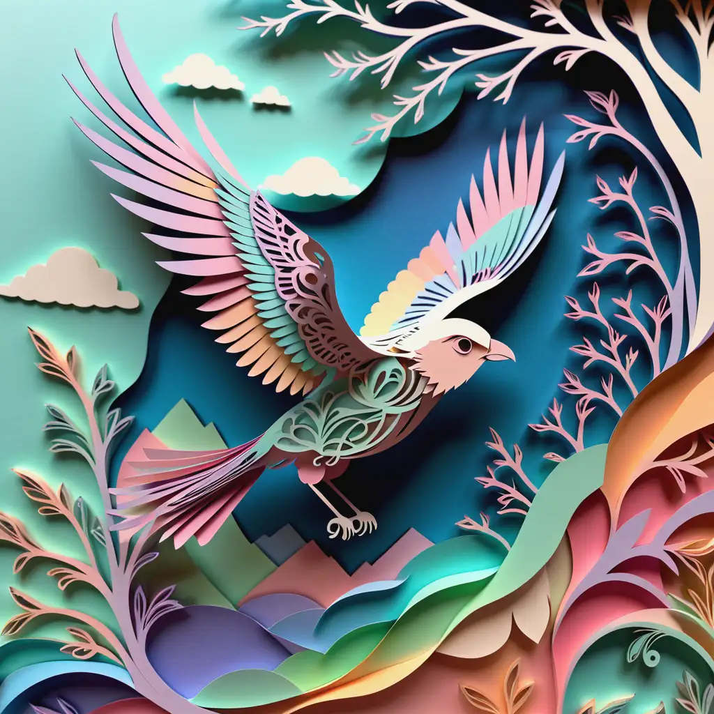 laser-cut paper illustration, multi-layered paper, high-detail colored paper, beautiful pastel colors, a bird soaring in the sky view from the back