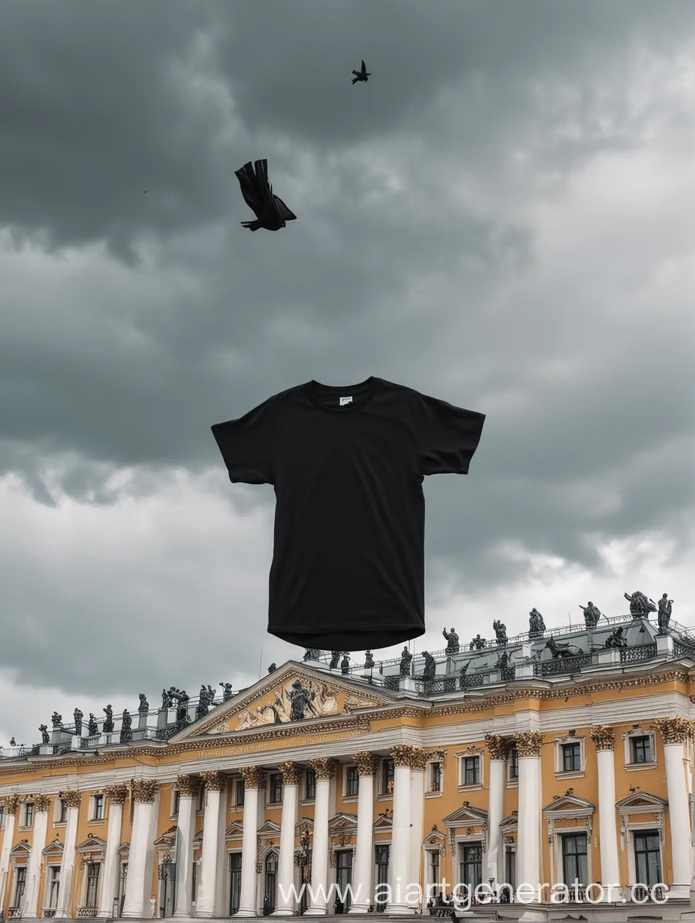 Create a huge black monochrome t-shirt, t-shirt flying through the air on the background of the Hermitage Museum in St. Petersburg on Palace Square, small black t-shirts flying through the sky