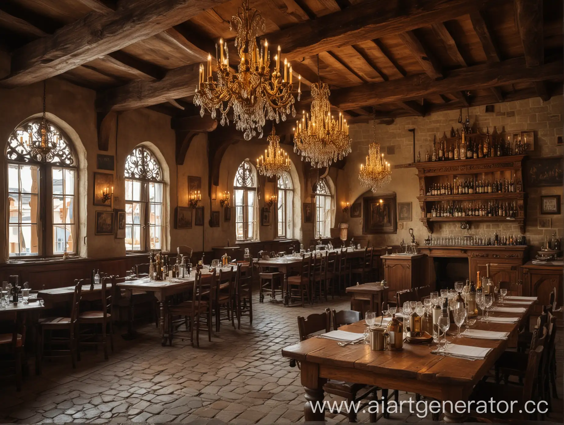 Neatly-Cleaned-Medieval-Tavern-with-Gold-Chandeliers