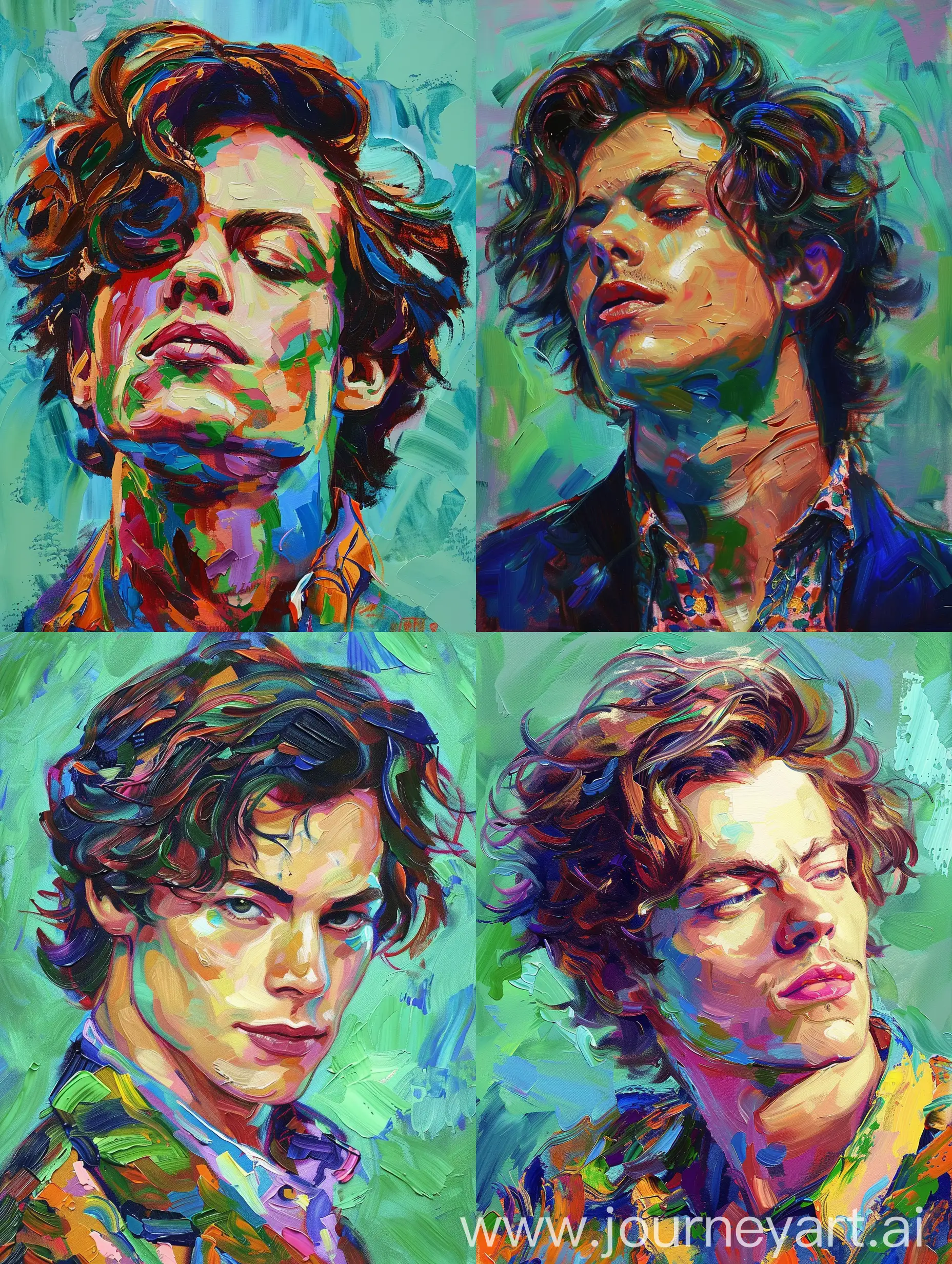 oil painting of harry styles in van gogh style with soft vibrant pastel colors with greenish-blue background
