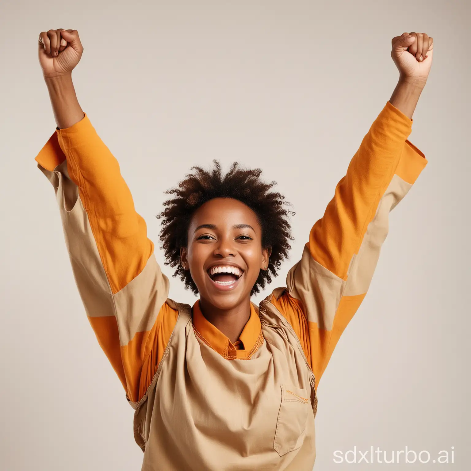 A photo of  an Ethiopian 30 years young woman with arms raised in victory, a big smile, and maybe even a jumping pose, orange color scheme, white background, masterpieces, photography