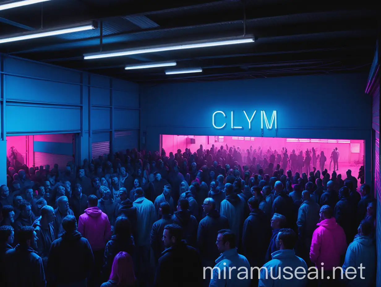 Un fond de garage, avec des spots et une foule de 30 personnes, dans des couleurs bleues, avec au premier plan écrit avec des néons roses "CLYM"