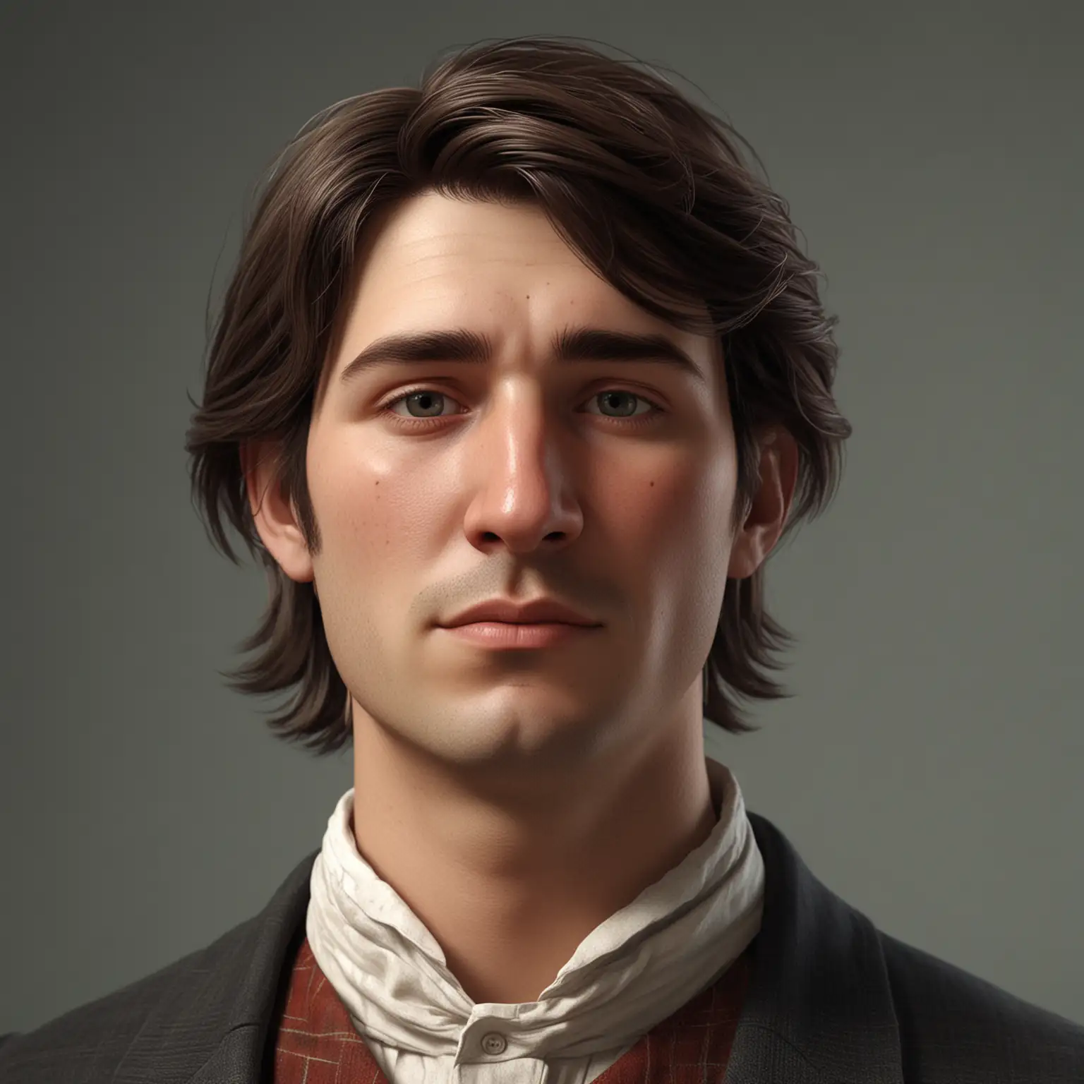 мужчина с пухлыми щеками, длинным носом. у него волосы средней длины, зачесанные в разные стороны. стиль реализм, 3д-анимация. в одежде 19 века