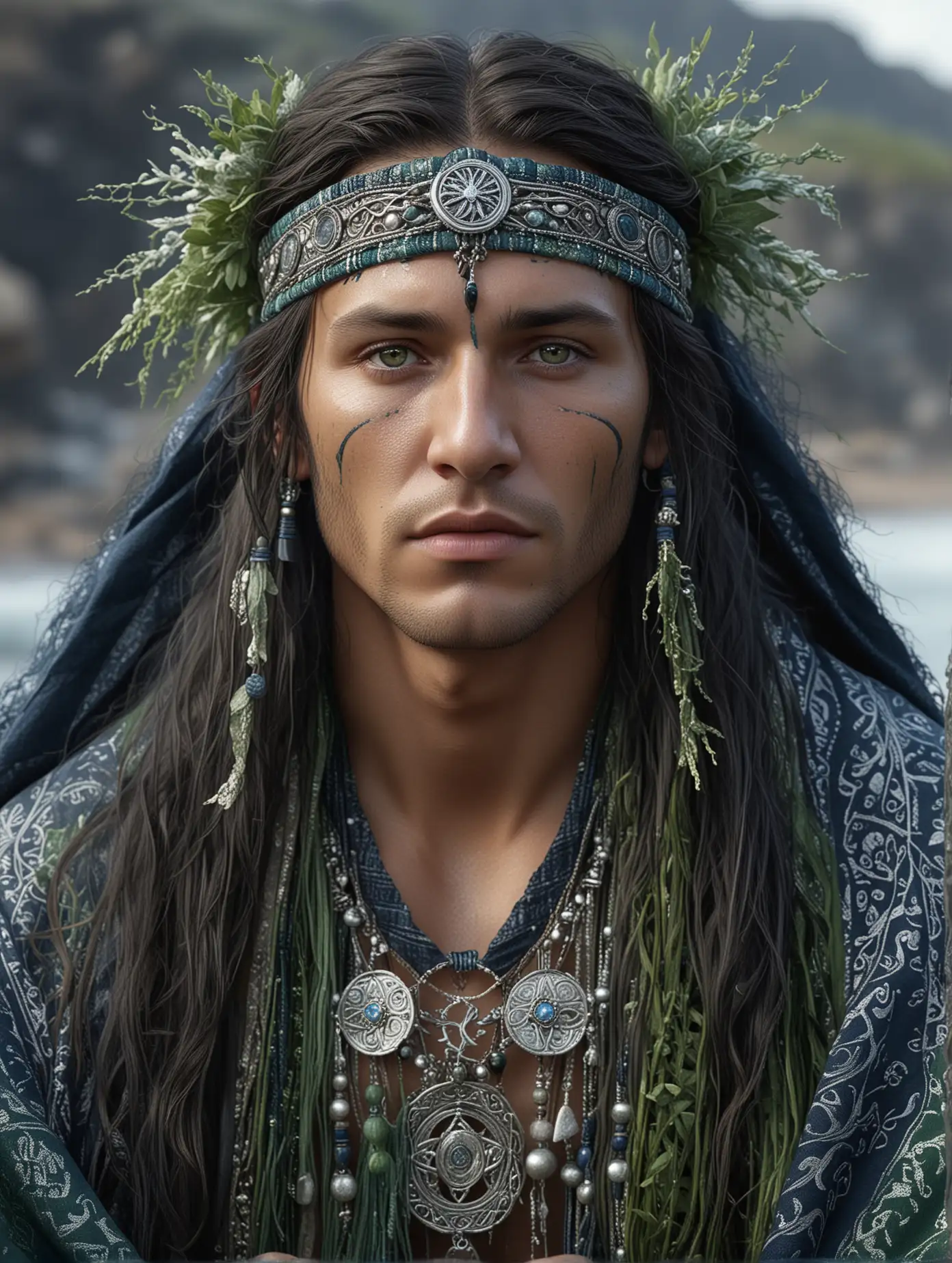 A sitting nordic male shaman with very long dark hair with gray eyes, wearing long dark blue and green veil decorated with many silver wavy patterns : 1. | Sandy sea shore with see weed in the back : 1. | Very detailed, wet, nordic atmosphere : 1. | Highly detailed,high precision,focus on textures, hyperrealistic : 1.