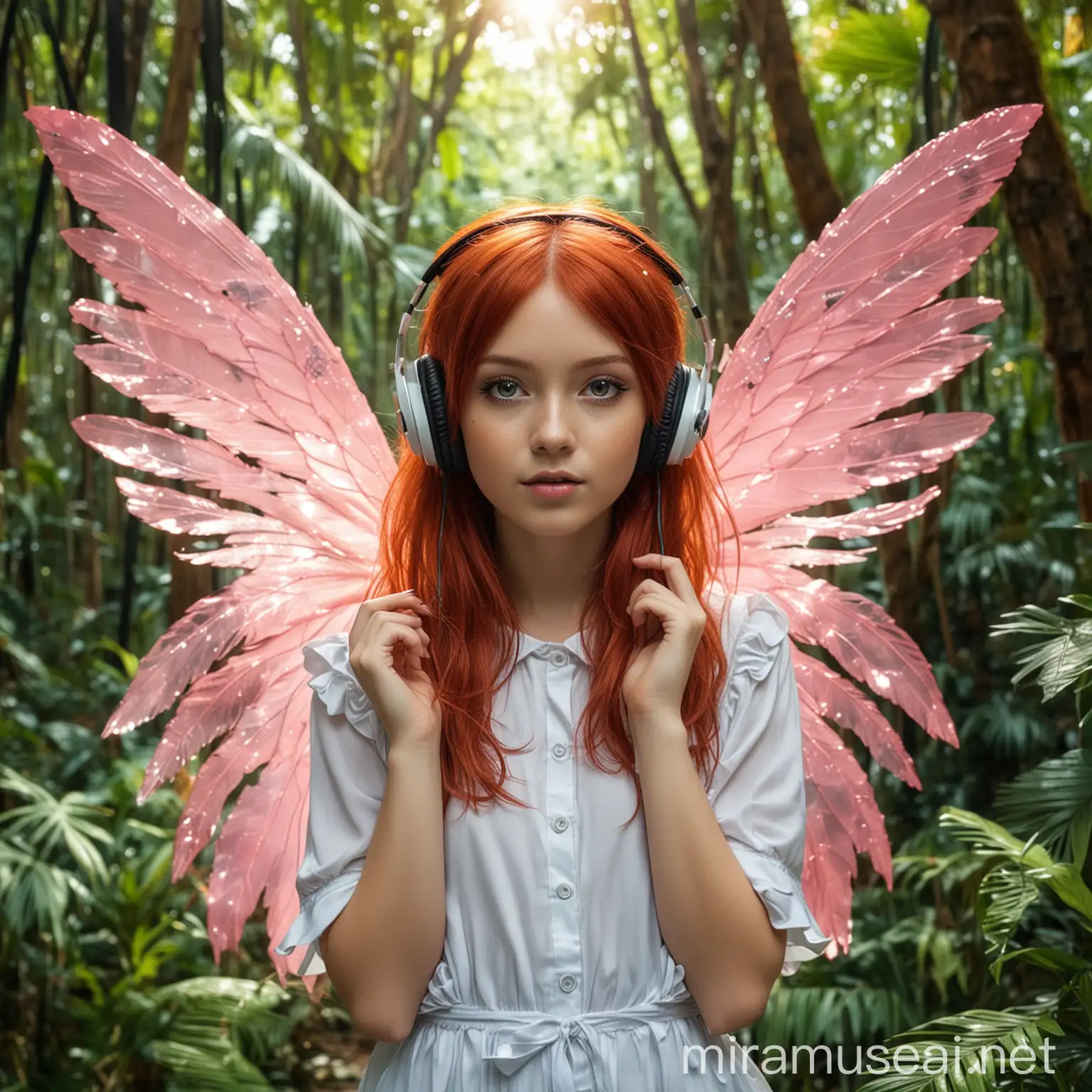 Modern Fairy Girl with Red Hair and Headphones in Tropical Forest