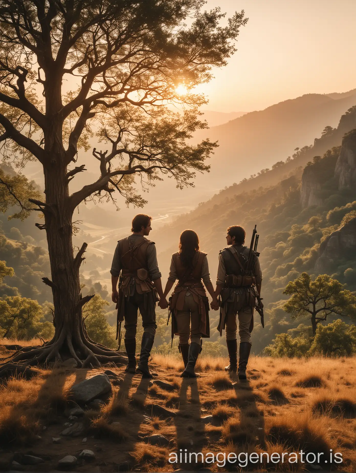 Man and woman holding hands looking down over a vast, tree-filled valley, backlit by a soft sunset. They are wearing soft padded breastplates and comfortable pants, with long barrelled rifles strapped to their backs.