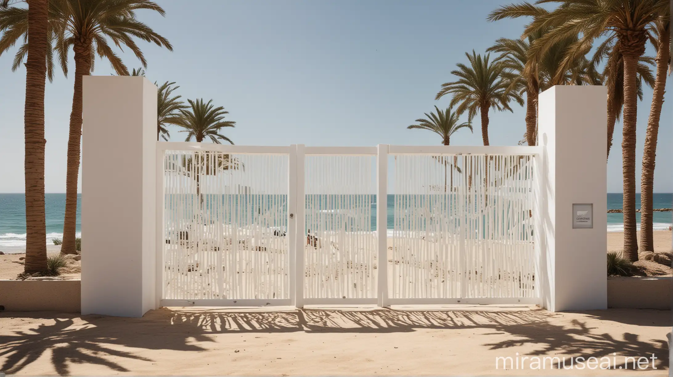 Generate a modern white gate design for a public beach in ain el sokhna entrance. The gate should have a sleek and minimalist aesthetic, with clean lines and a contemporary feel. Above the gate, there should be a signage carrier to display the name of the beach. The design should be inviting and modern, suitable for a beachfront entrance.