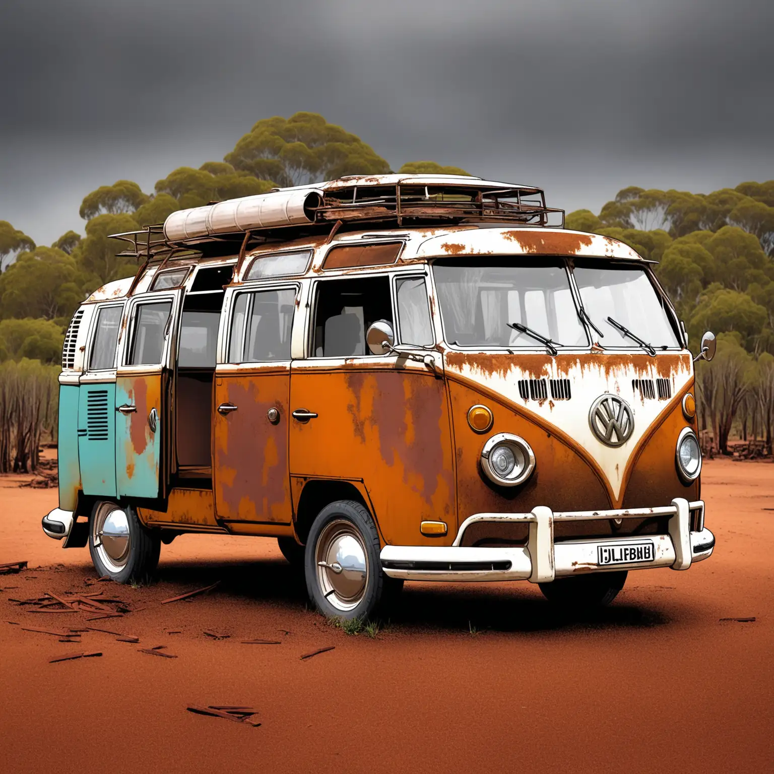 Vintage Rusty Kombi Van Abandoned in Desert Landscape