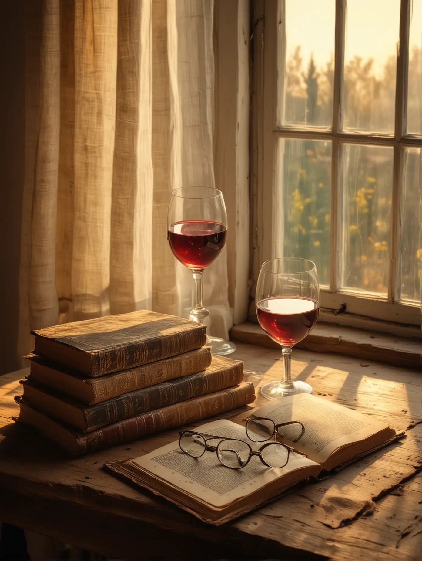 in style of van gogh make an image of antique books on old wooden table with 1pair small antique pair glasses nearby and one glass of wine near a large window with early morning sunlight