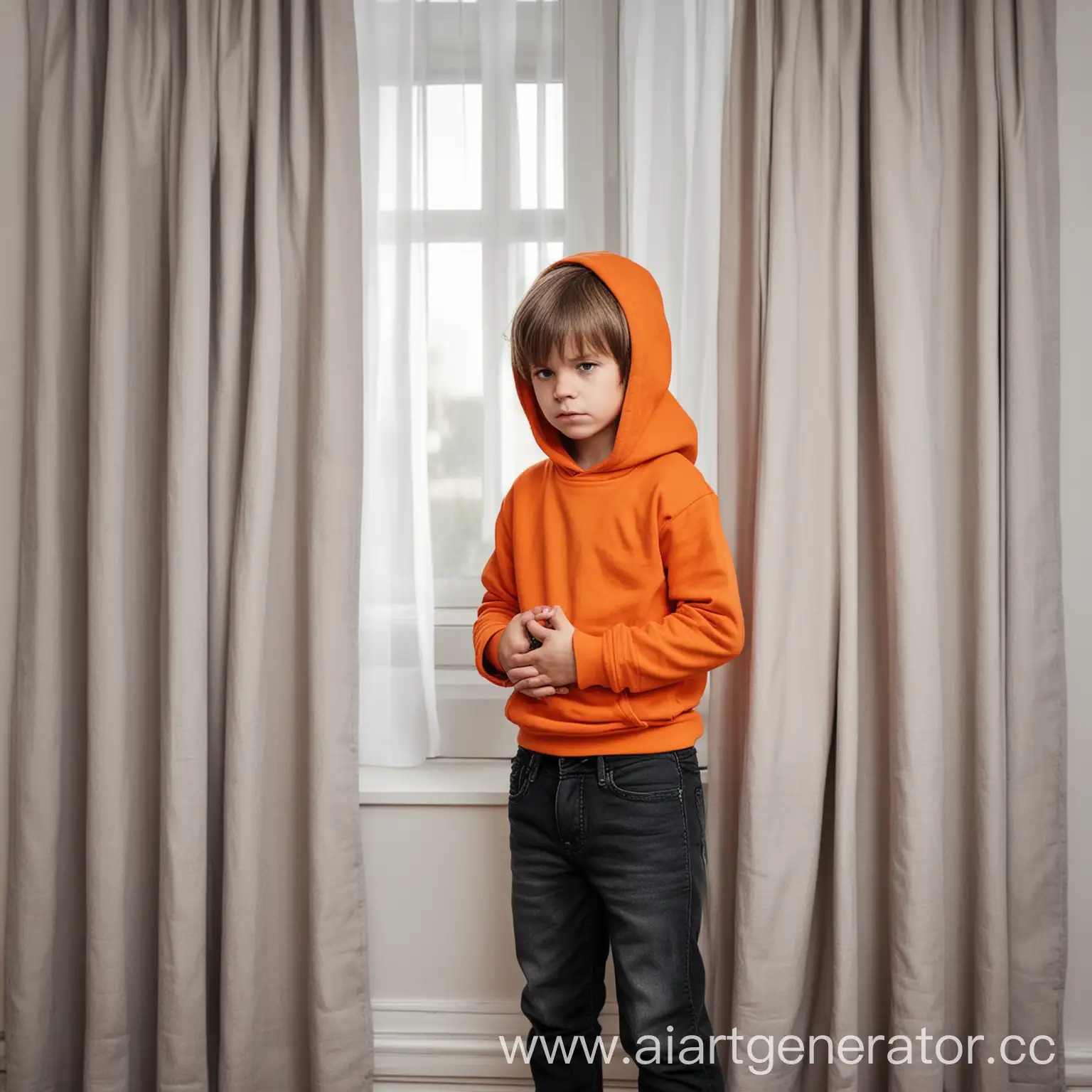 Реальная фотография. Мальчик , 8 лет, стоит в детской комнате и держится руками за живот. Мальчик грустный. На мальчике оранжевое худи и чёрные джинсы. В Комнате белые шторы и серые стены