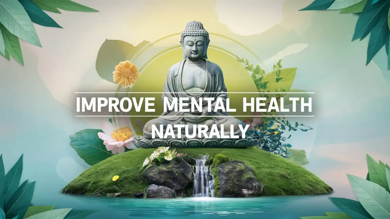 Make a thumbnail for a YouTube featuring a statue of Buddha, the topic of the video is Improve mental health naturally.